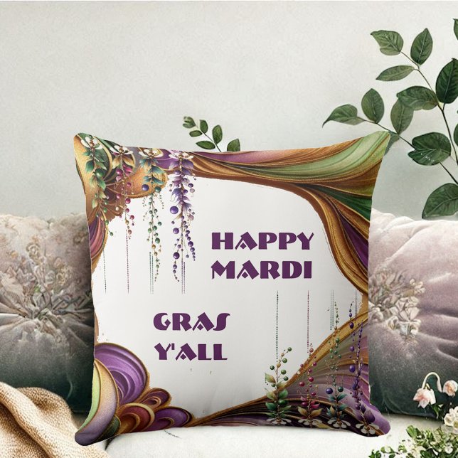 Happy Mardi Gras Y'All Purple Green Gold Colours Cushion (Happy Mardi Gras Y'All Purple Green Gold Colors Throw Pillow)