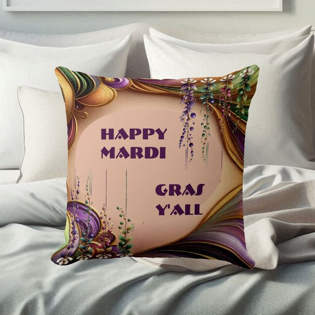 Happy Mardi Gras Y'All Purple Green Gold Colours Cushion (Happy Mardi Gras Y'All Purple Green Gold Colors Throw Pillow)