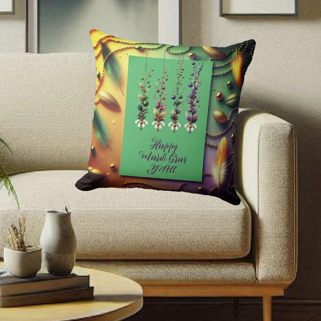 Happy Mardi Gras Y'All Quote Feather Beads Golden Cushion (Happy Mardi Gras Y'All Quote Feather Beads Golden Throw Pillow)