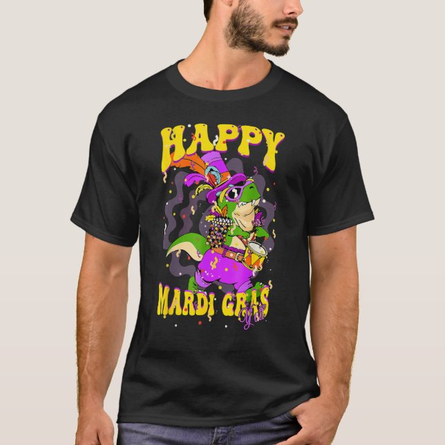 Happy Mardi Gras Yu2019all Drummer Alligator Party T-Shirt (Front)