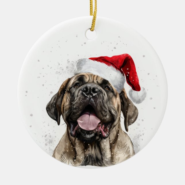 Happy Mastiff Dog Christmas Personalized Ceramic Ornament (Front)