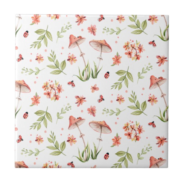 Happy Meadow Ladybug and Mushroom Seamless Ceramic Tile (Front)