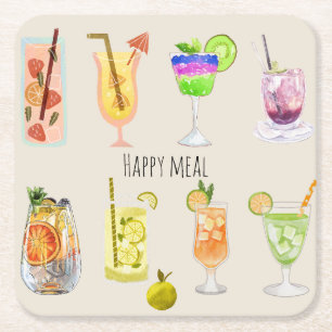 Happy meal Cute cocktail Watercolor party pink Square Paper Coaster