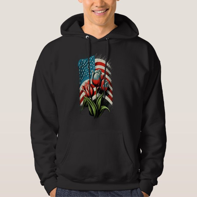 Happy Memorial Day Tulips Flower American Flag 4th Hoodie (Front)