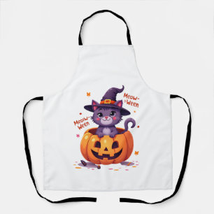 Happy Meow-a-ween - Cute Cat Witch Pumpkin - Hallo Apron