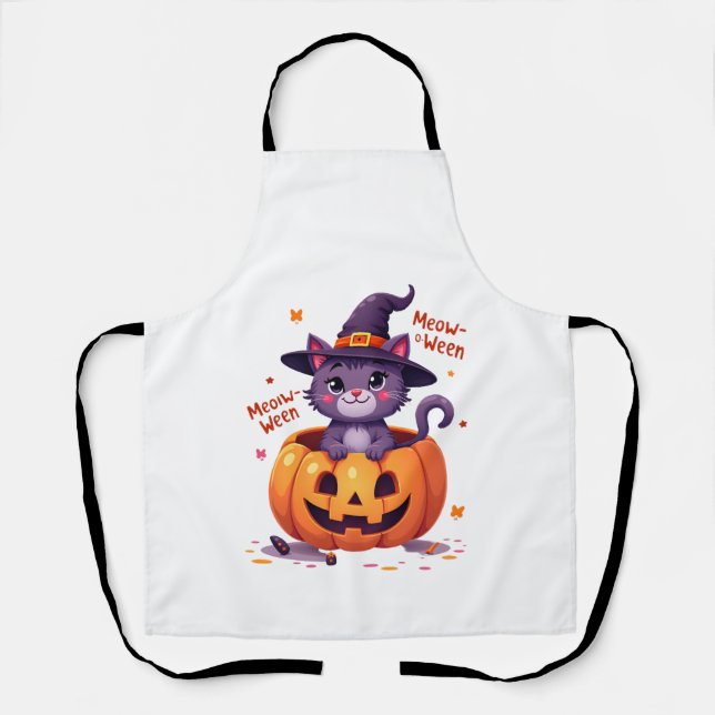 Happy Meow-a-ween - Cute Cat Witch Pumpkin - Hallo Apron (Front)