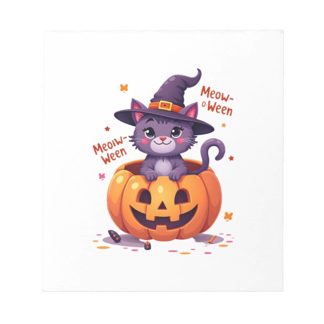 Happy Meow-a-ween - Cute Cat Witch Pumpkin - Hallo Notepad (Front)