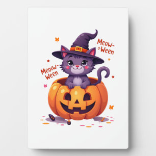 Happy Meow-a-ween - Cute Cat Witch Pumpkin - Hallo Plaque