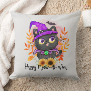 Happy Meow-o-ween -Black Witch Cat Cushion