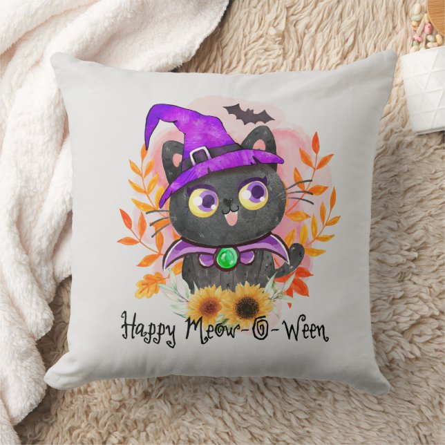 Happy Meow-o-ween -Black Witch Cat Cushion (Blanket)