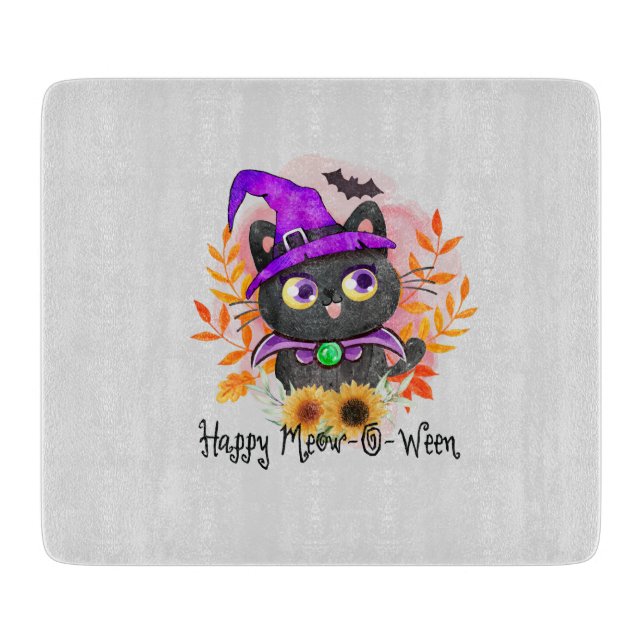 Happy Meow-o-ween -Black Witch Cat Cutting Board (Front)