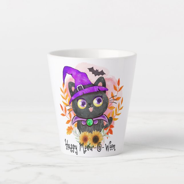 Happy Meow-o-ween -Black Witch Cat Latte Mug (Front)