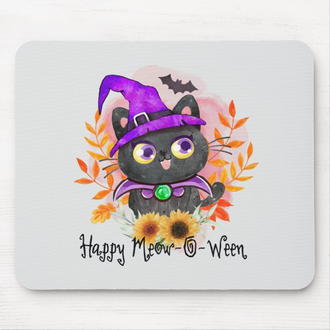 Happy Meow-o-ween -Black Witch Cat Mouse Pad (Front)