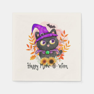 Happy Meow-o-ween -Black Witch Cat Napkin