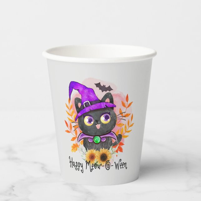 Happy Meow-o-ween -Black Witch Cat Paper Cups (Front)