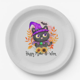 Happy Meow-o-ween -Black Witch Cat Paper Plate