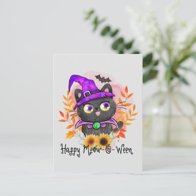 Happy Meow-o-ween -Black Witch Cat Postcard (Standing Front)
