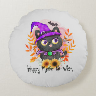 Happy Meow-o-ween -Black Witch Cat Round Cushion