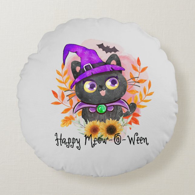 Happy Meow-o-ween -Black Witch Cat Round Cushion (Front)