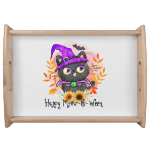 Happy Meow-o-ween -Black Witch Cat Serving Tray