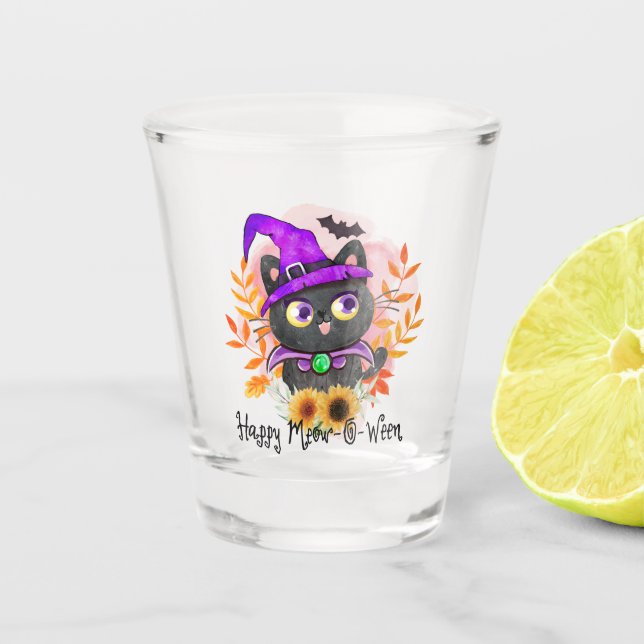 Happy Meow-o-ween -Black Witch Cat Shot Glass (Front)