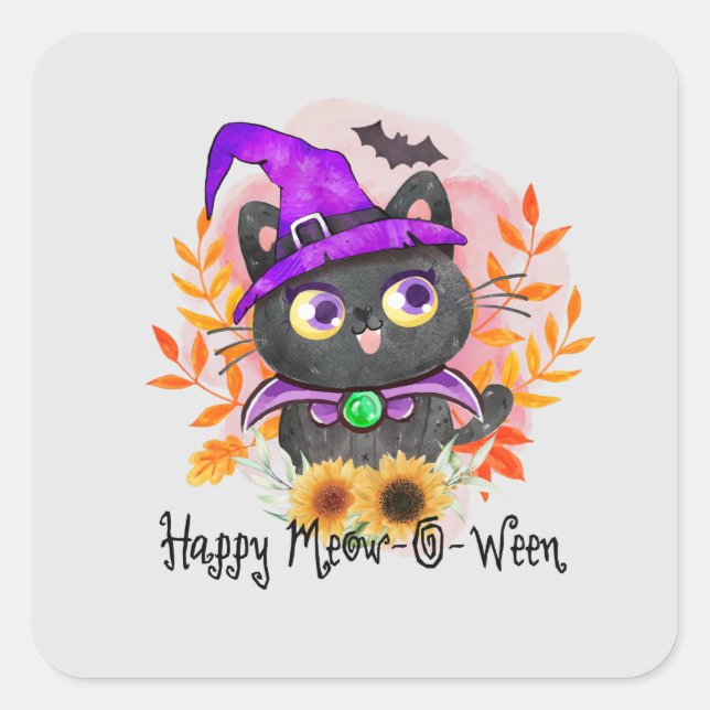Happy Meow-o-ween -Black Witch Cat Square Sticker (Front)