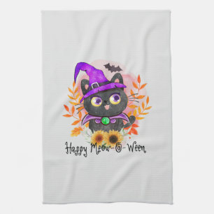 Happy Meow-o-ween -Black Witch Cat Tea Towel