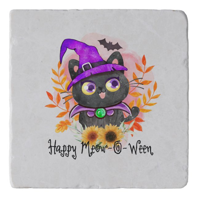 Happy Meow-o-ween -Black Witch Cat Trivet (Front)