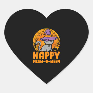 Happy Meow O Ween Pumpkin Cat Witch Full Moon Hall Heart Sticker