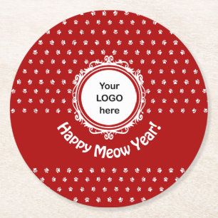 'Happy Meow Year' Cat Business  Round Paper Coaster