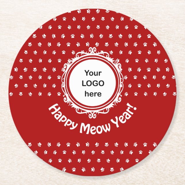 'Happy Meow Year' Cat Business  Round Paper Coaster (Front)