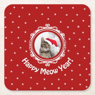 'Happy Meow Year!' Christmas Cat Paper Coaster