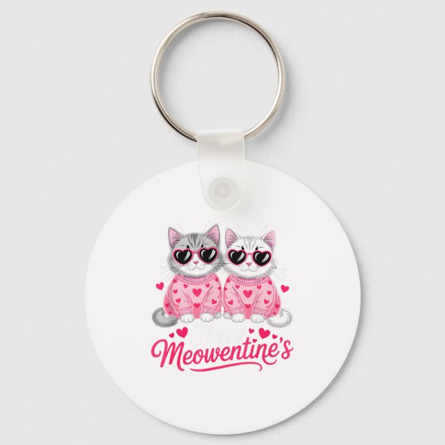Happy Meowentine’s Cute Romantic Cats Couple Valen Key Ring (Front)