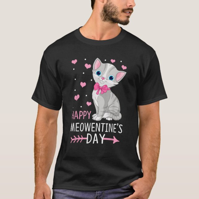 Happy Meowentine s Day Funny Girls Cat Valentines  T-Shirt (Front)