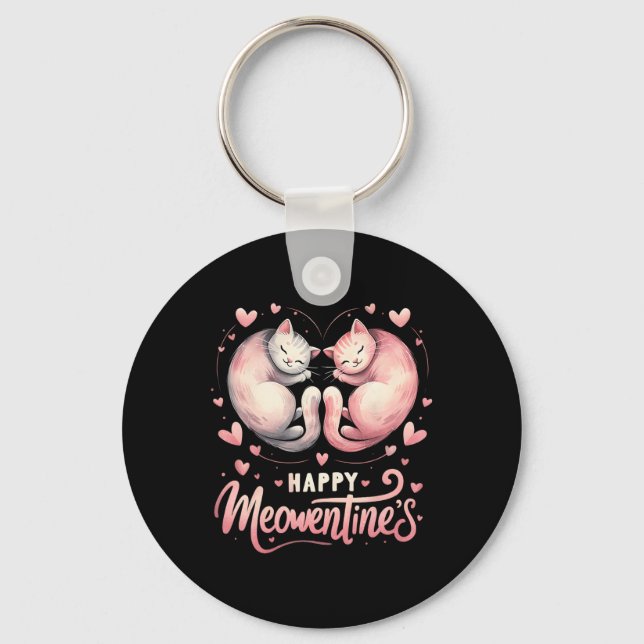 Happy Meowentine's Cute Valentine Cat Lover Couple Key Ring (Front)