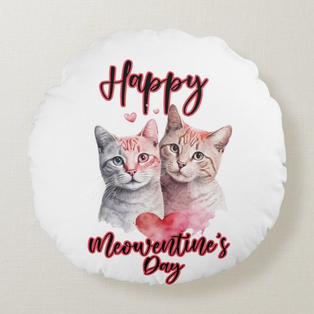 Happy Meowentine's Day Cat Couple Valentine's  Round Cushion (Front)