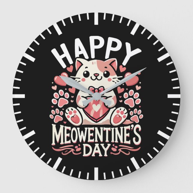 Happy Meowentine's Day - Cute Cat Valentine's Day Large Clock (Front)