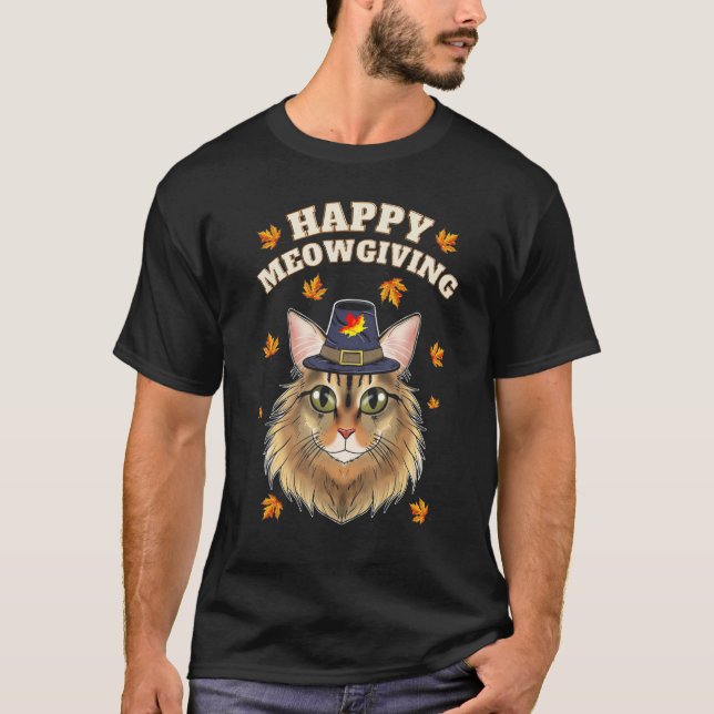 Happy Meowgiving Cats Leaves Turkey Thanksgiving F T-Shirt (Front)