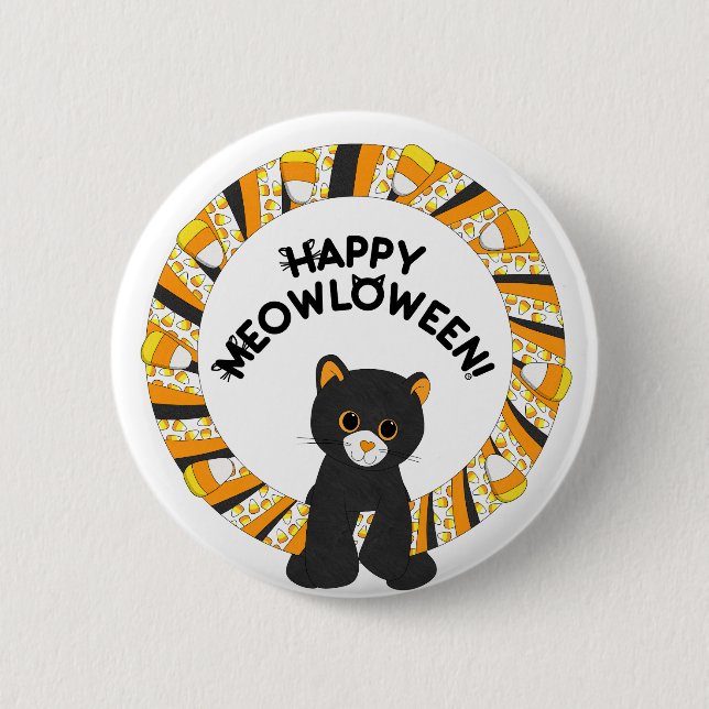 Happy Meowloween Black Cat Halloween Candy Corn 6 Cm Round Badge (Front)