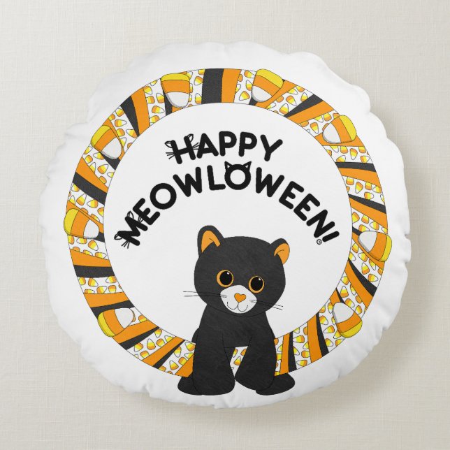 Happy Meowloween Black Cat Halloween Candy Corn Round Cushion (Front)