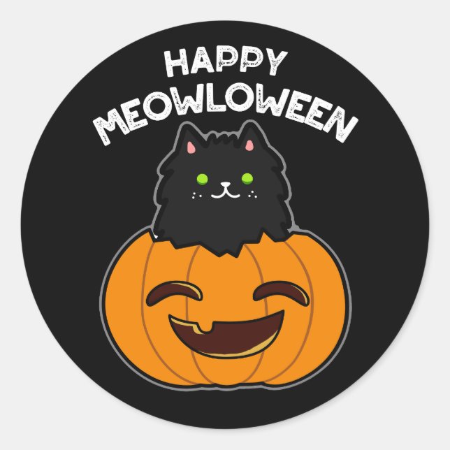 Happy Meowloween Funny Halloween Pun Dark BG Classic Round Sticker (Front)