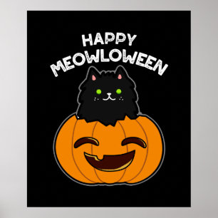Happy Meowloween Funny Halloween Pun Dark BG Poster