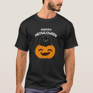 Happy Meowloween Funny Halloween Pun Dark BG T-Shirt