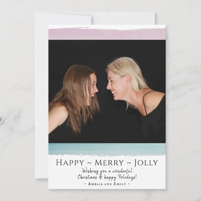Happy Merry Jolly Pink Watercolor Photo Holiday Card (Front)