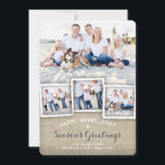 Happy Merry Rustic Burlap Photo Season's Greeting Holiday Card<br><div class="desc">A collage of four photos of your family is featured in this lovely, rustic design that incorporates a burlap texture effect and festive season's greetings of Happy, Merry, Jolly. Whimsical typography in white and deep denim blue on the front and coordinating little snowflakes on the back all combine to make...</div>
