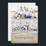 Happy Merry Rustic Burlap Photo Season's Greeting Holiday Card<br><div class="desc">A collage of four photos of your family is featured in this lovely, rustic design that incorporates a burlap texture effect and festive season's greetings of Happy, Merry, Jolly. Whimsical typography in white and deep denim blue on the front and coordinating little snowflakes on the back all combine to make...</div>