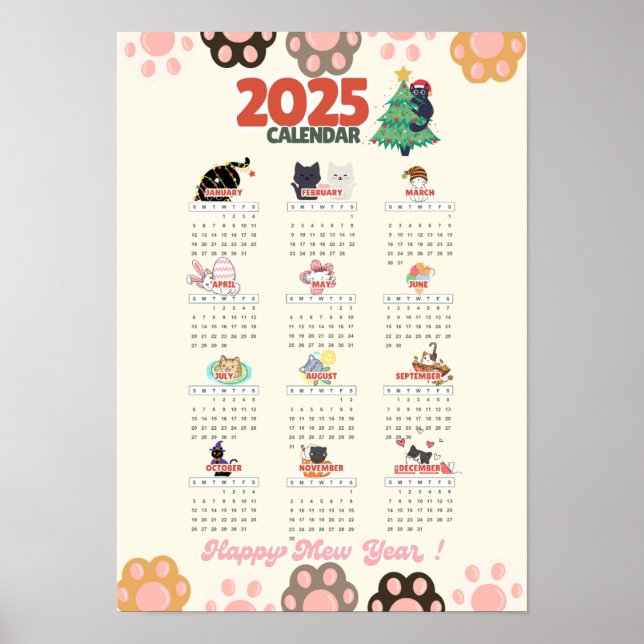 Happy Mew Year 2025 wall calendar for cat's lovers Poster (Front)