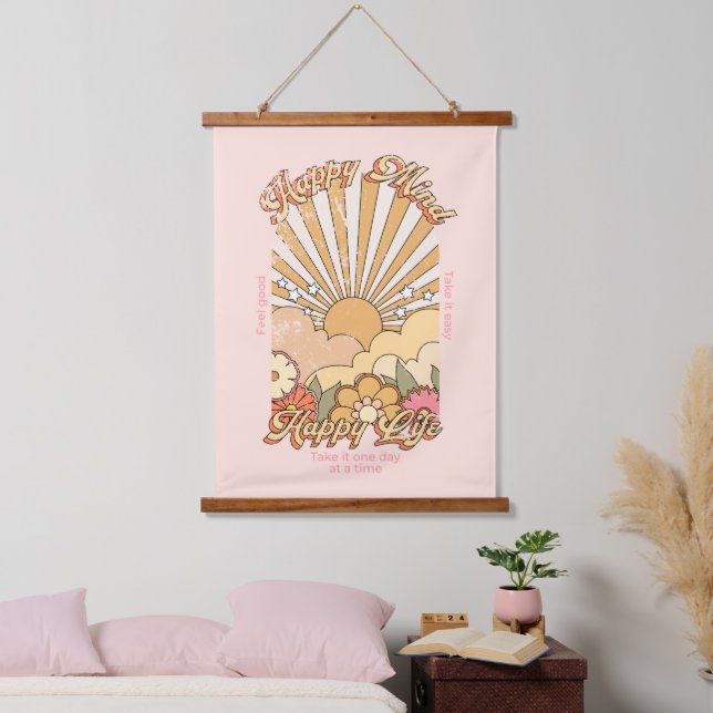 Happy Mind Happy Life Hippy Groovy Vibes Hanging Tapestry (Bedroom)