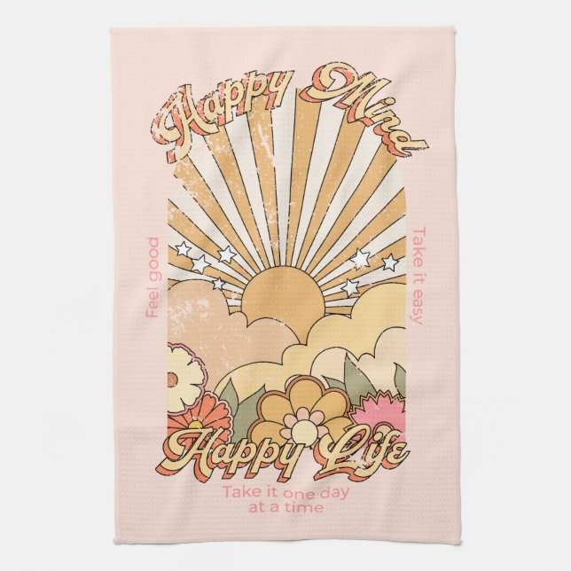 Happy Mind Happy Life Hippy Groovy Vibes Tea Towel (Vertical)