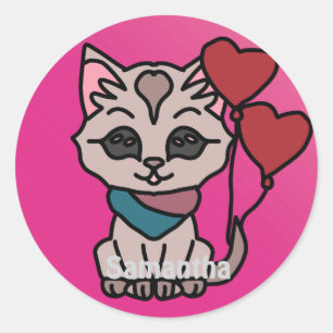 Happy Minimalist Cat with a Heart   Love Classic Round Sticker